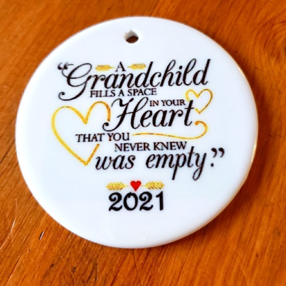 3 ornaments, Grandchild fills your heart, 3 inch white ceramic ornament